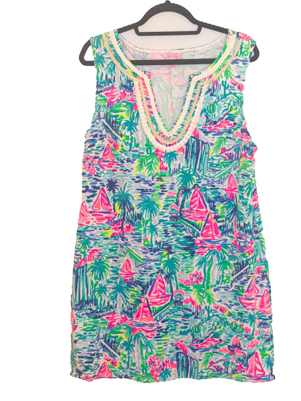 Lilly Pulitzer XL Tropical Shift Dress Gold Trim V-Neck - Picture 3 of 12